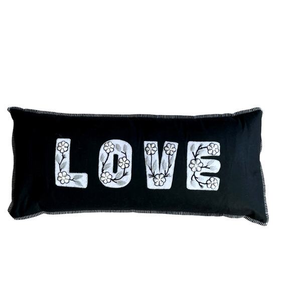 Annie Selke Embroidered LOVE Pillow 15x36 Black & White Valentine Decor NEW - Picture 1 of 13